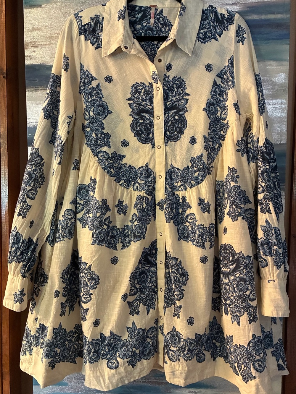 Free People Cream Midi Dress with Navy Floral Print